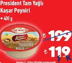 PRESİDENT TAM YAĞLI KAŞAR PEYNİRİ 400 G